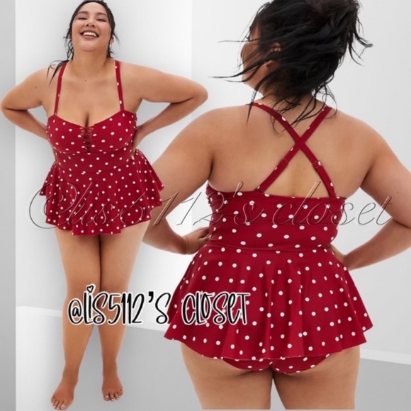 Torrid Disney Minnie Mouse Red Dot Retro Lattice Peplum Swim Dress Swimsuit 3X - Picture 2 of 16